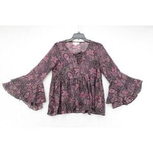 Y2K No Comment Womens Blouse M Paisley Print Bell Sleeve Dark Romantic Fairy
